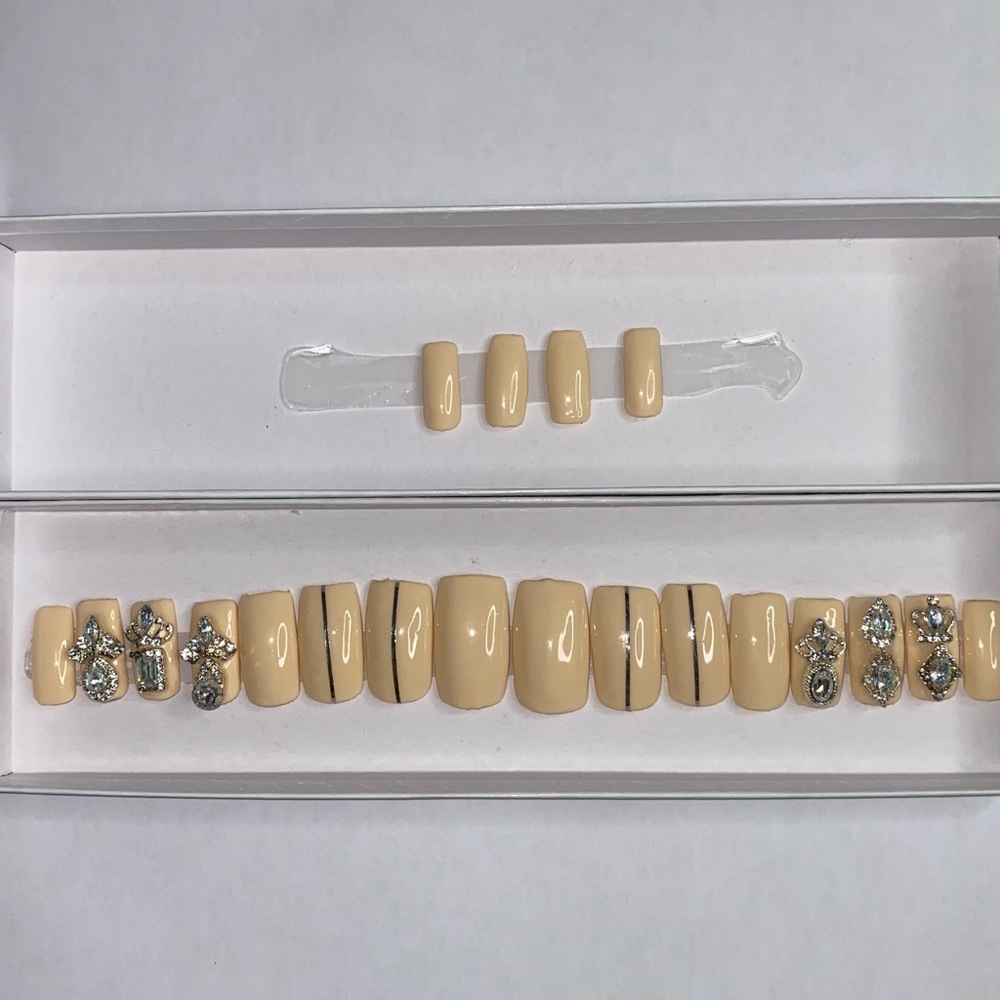 Short Square Cream Nails | Rhinestone Bling | Acrylic Luxury Press On Nails